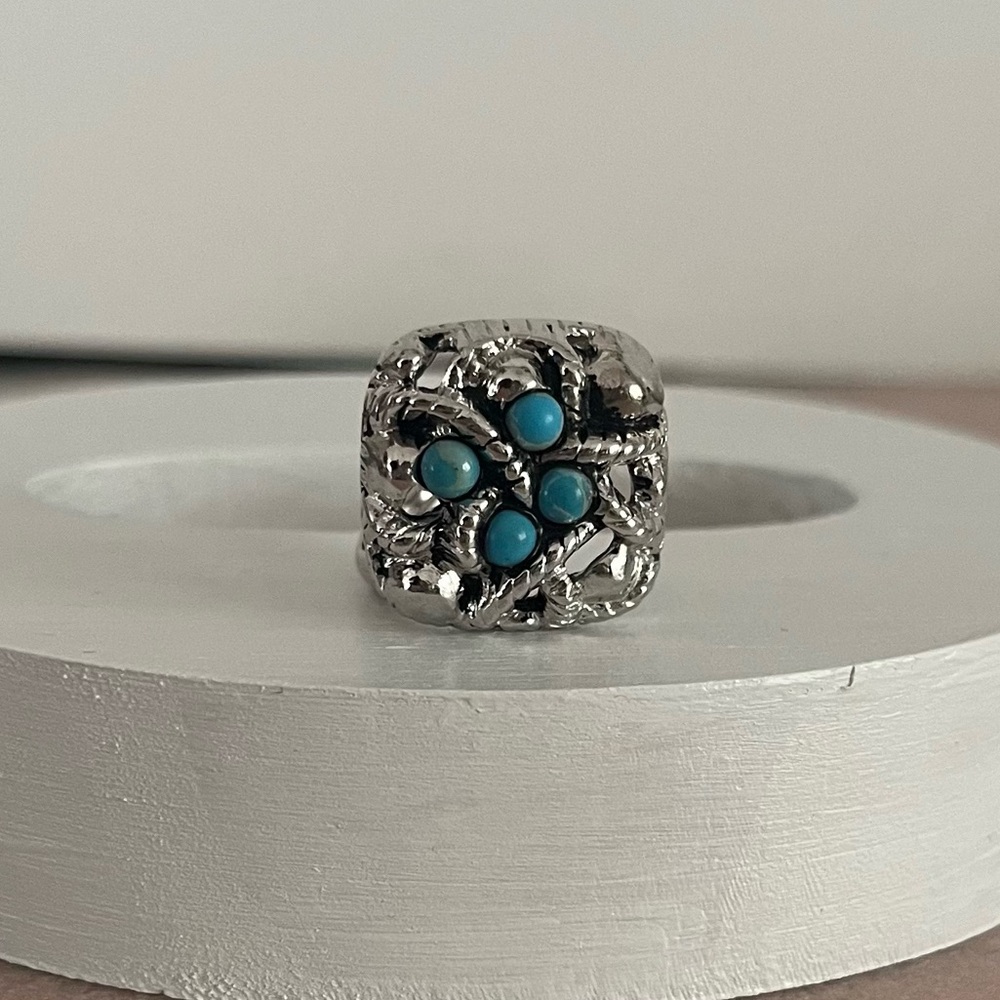 Vintage Avon Adjustable Silver Tone Ring with Faux Turquoise Stones